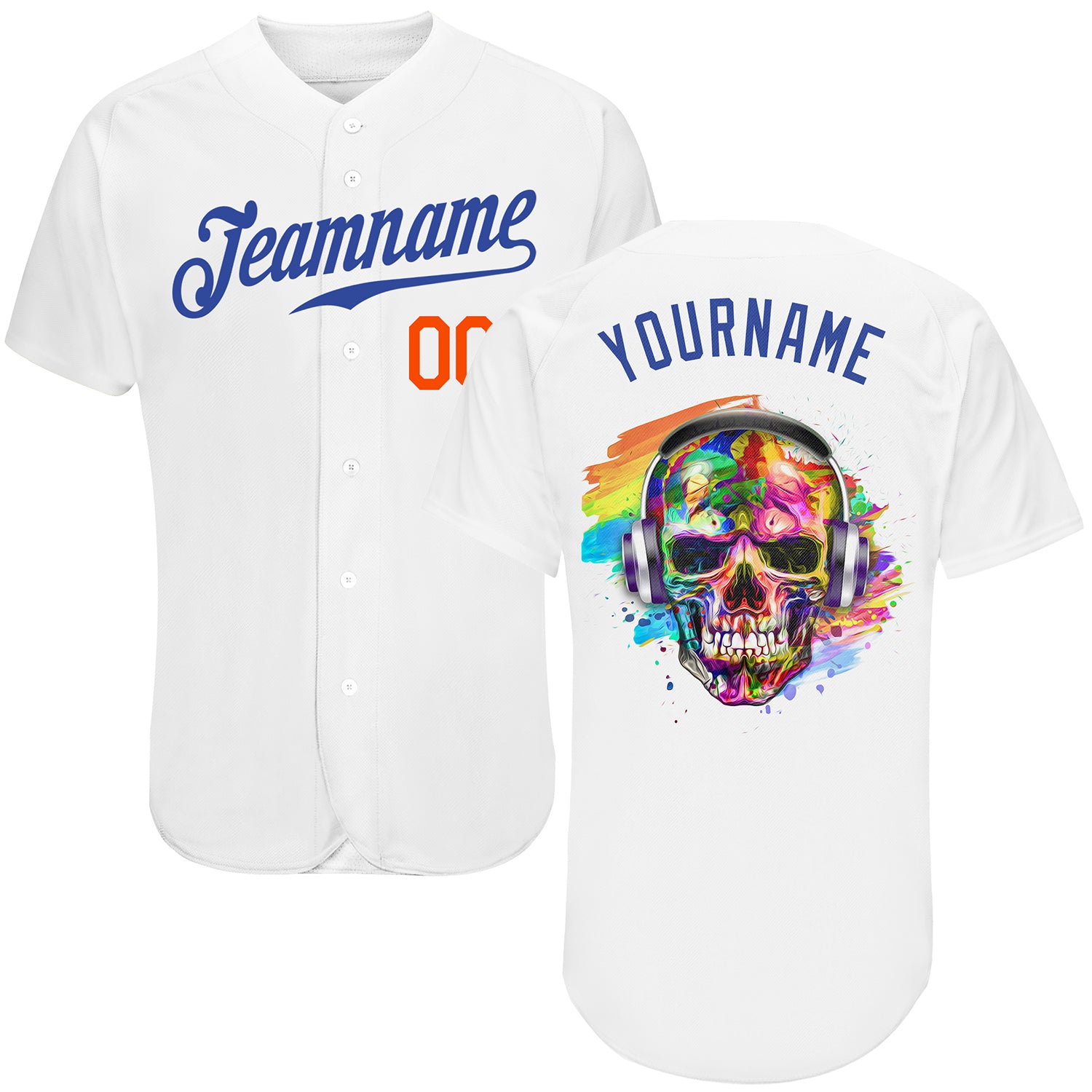 Custom Name and Number Baseball Jersey - White Royal-Orange Authentic Skull Fashion Personalized White Royal-Orange Authentic