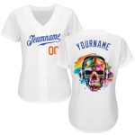 Custom Name and Number Baseball Jersey - White Royal-Orange Authentic Skull Fashion Personalized White Royal-Orange Authentic