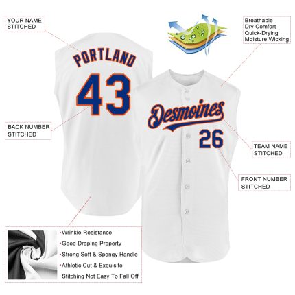 Personalized Authentic Baseball Jersey - White Royal-Orange Sleeveless Design Personalized White Royal-Orange Authentic Sleeveless