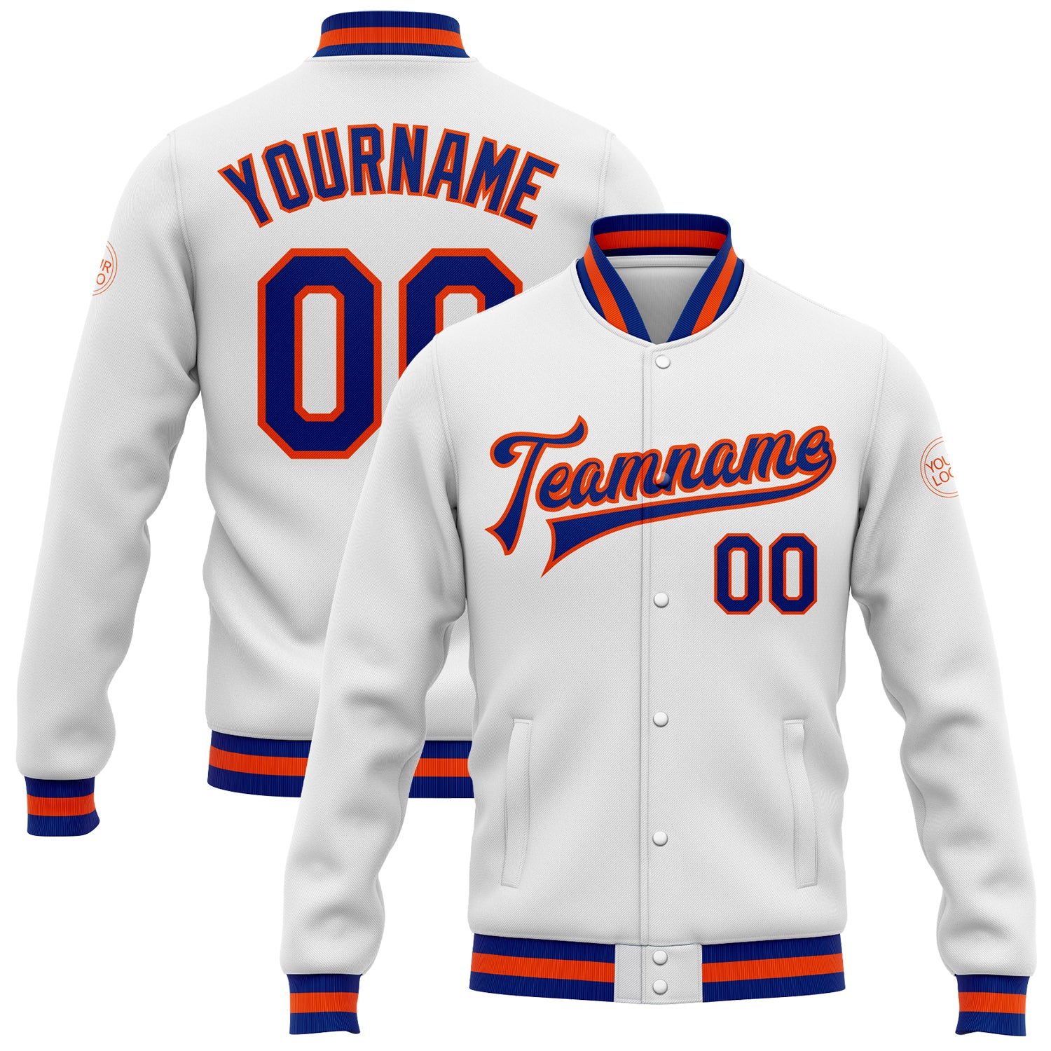 Custom Personalized Varsity Letterman Jacket with Name and Number - White & Royal-Orange Full-Snap Bomber Style Personalized