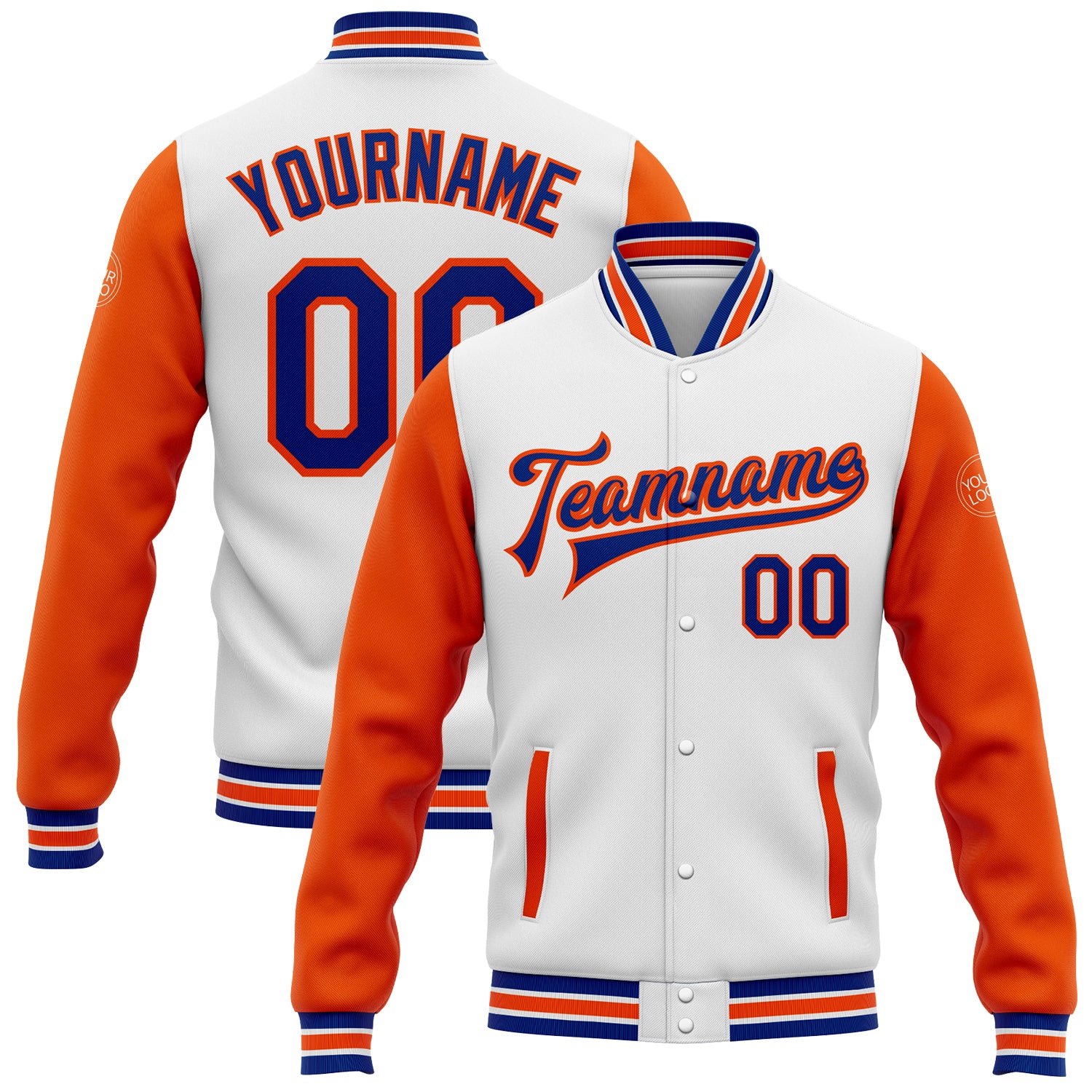 Personalized Custom Team Name and Number White Royal-Orange Bomber Varsity Letterman Two Tone Jacket Personalized White Royal-Orange