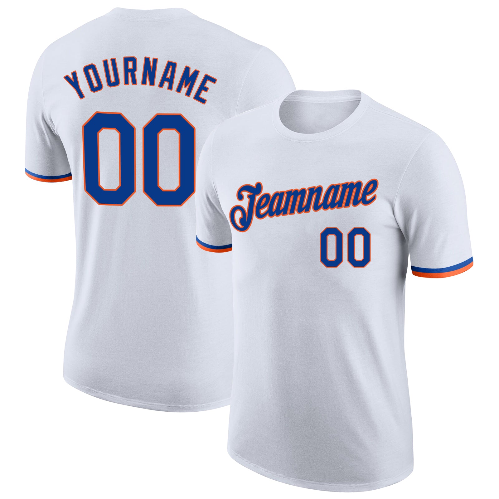 Custom Team Performance T-Shirt with Personalized Name and Number, White Royal-Orange Personalized White Royal-Orange Performance