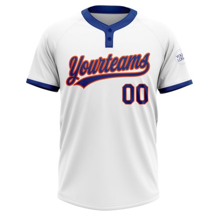 Customizable Two-Button Softball Jersey for Team - Personalized White Royal-Orange Unisex with Name and Number Personalized