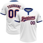 Customizable Two-Button Softball Jersey for Team - Personalized White Royal-Orange Unisex with Name and Number Personalized