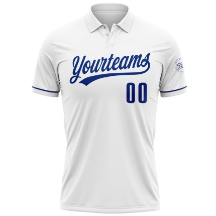 Custom Team Name Number Personalized White Royal Golf Polo Shirt Performance Personalized White Royal Performance Vapor Golf