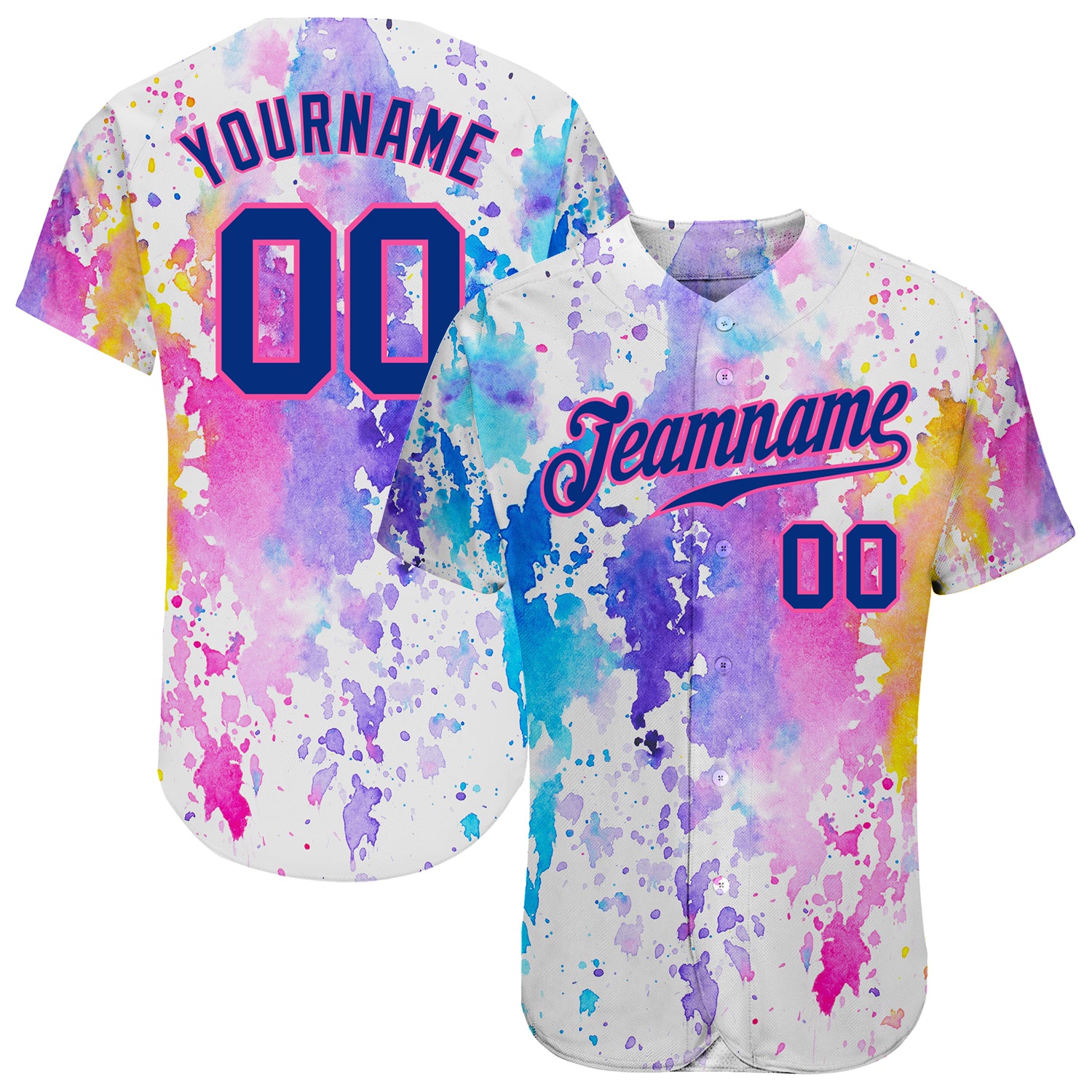 Personalized Custom Name and Number Baseball Jersey - White Royal-Pink 3D Pattern Watercolor Design Personalized White Royal-Pink