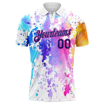 Custom Name Number Golf Polo Shirt - Personalized 3D Pattern White Royal-Pink Watercolor Design Personalized White Royal-Pink