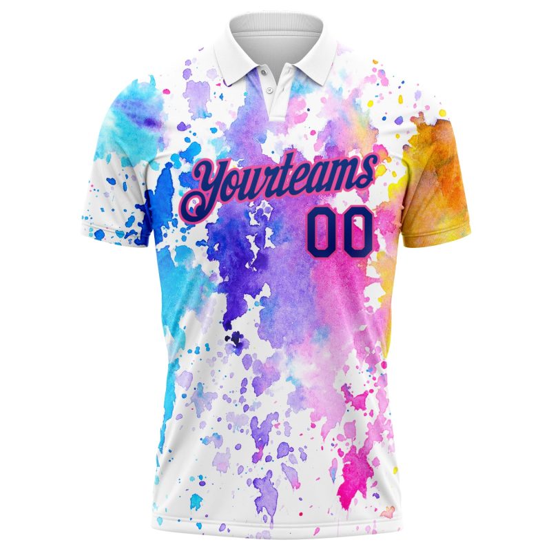 Custom Name Number Golf Polo Shirt - Personalized 3D Pattern White Royal-Pink Watercolor Design Personalized White Royal-Pink