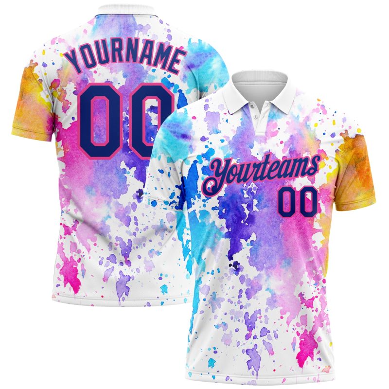 Custom Name Number Golf Polo Shirt - Personalized 3D Pattern White Royal-Pink Watercolor Design Personalized White Royal-Pink