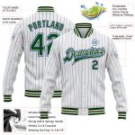Custom Name Number Varsity Letterman Jacket Green-Cream Royal Pinstripe Full-Snap Bomber for Team - Personalized Personalized