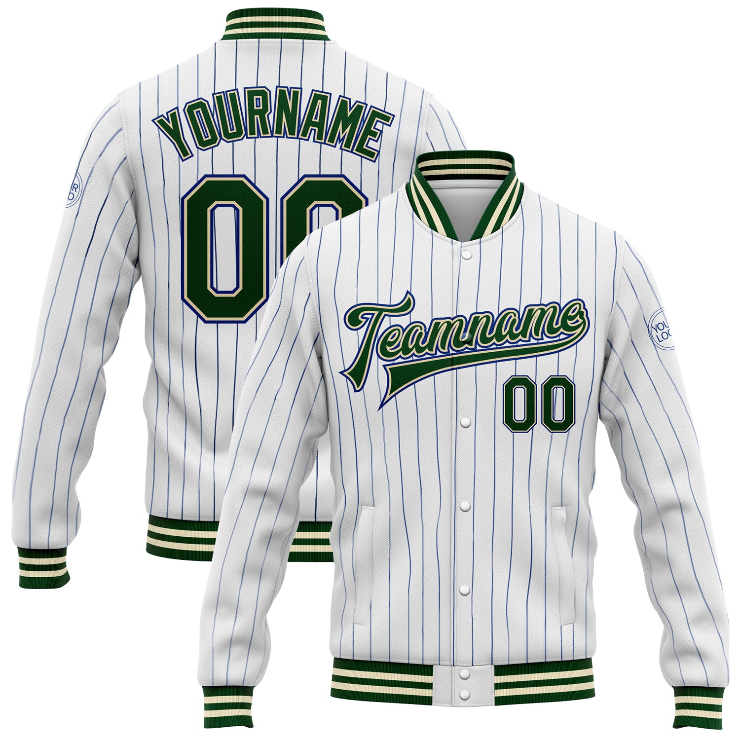 Custom Name Number Varsity Letterman Jacket Green-Cream Royal Pinstripe Full-Snap Bomber for Team - Personalized Personalized