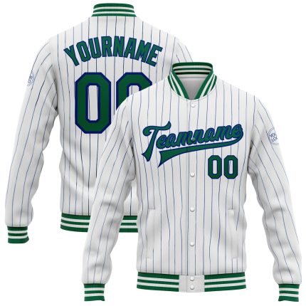 Custom Name and Number Kelly Green Varsity Letterman Jacket Personalized White Royal Pinstripe Bomber Full-Snap Personalized