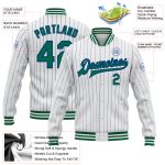 Custom Name and Number Kelly Green Varsity Letterman Jacket Personalized White Royal Pinstripe Bomber Full-Snap Personalized
