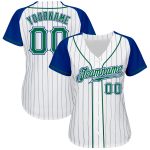 Custom Name and Number Baseball Jersey - Personalized Kelly Green-Royal Pinstripe Raglan Sleeves Personalized White Royal
