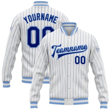 Custom Name and Number Light Blue Varsity Letterman Jacket Personalized White Royal Pinstripe Bomber Full-Snap Personalized