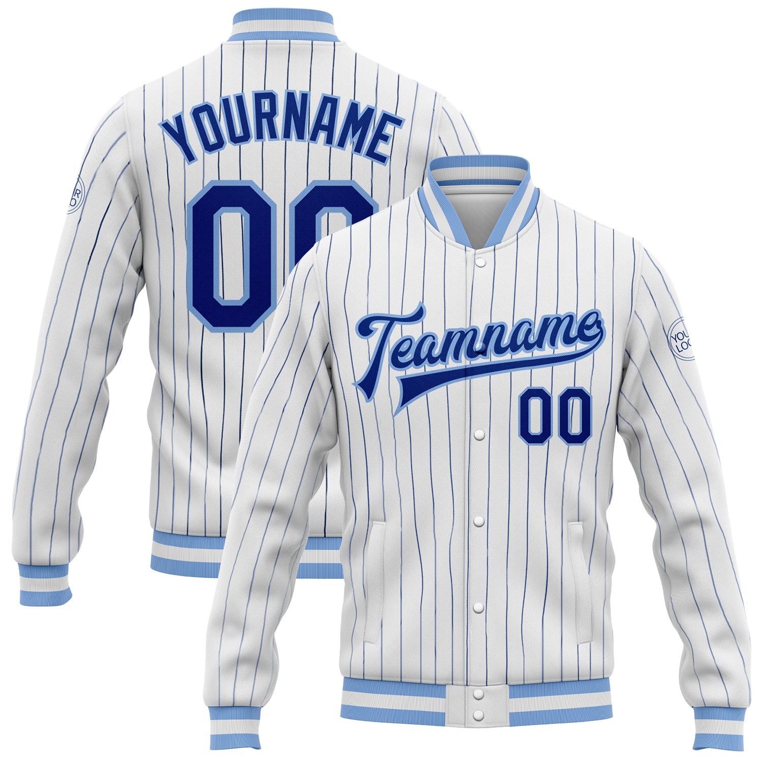Custom Name and Number Light Blue Varsity Letterman Jacket Personalized White Royal Pinstripe Bomber Full-Snap Personalized