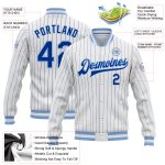 Custom Name and Number Light Blue Varsity Letterman Jacket Personalized White Royal Pinstripe Bomber Full-Snap Personalized
