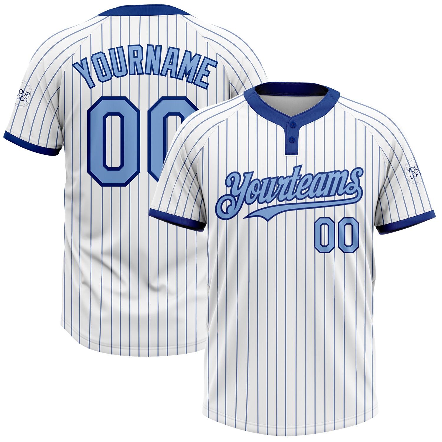 Personalized Custom Name and Number Light Blue Unisex Two-Button Softball Jersey - White Royal Pinstripe Design Personalized