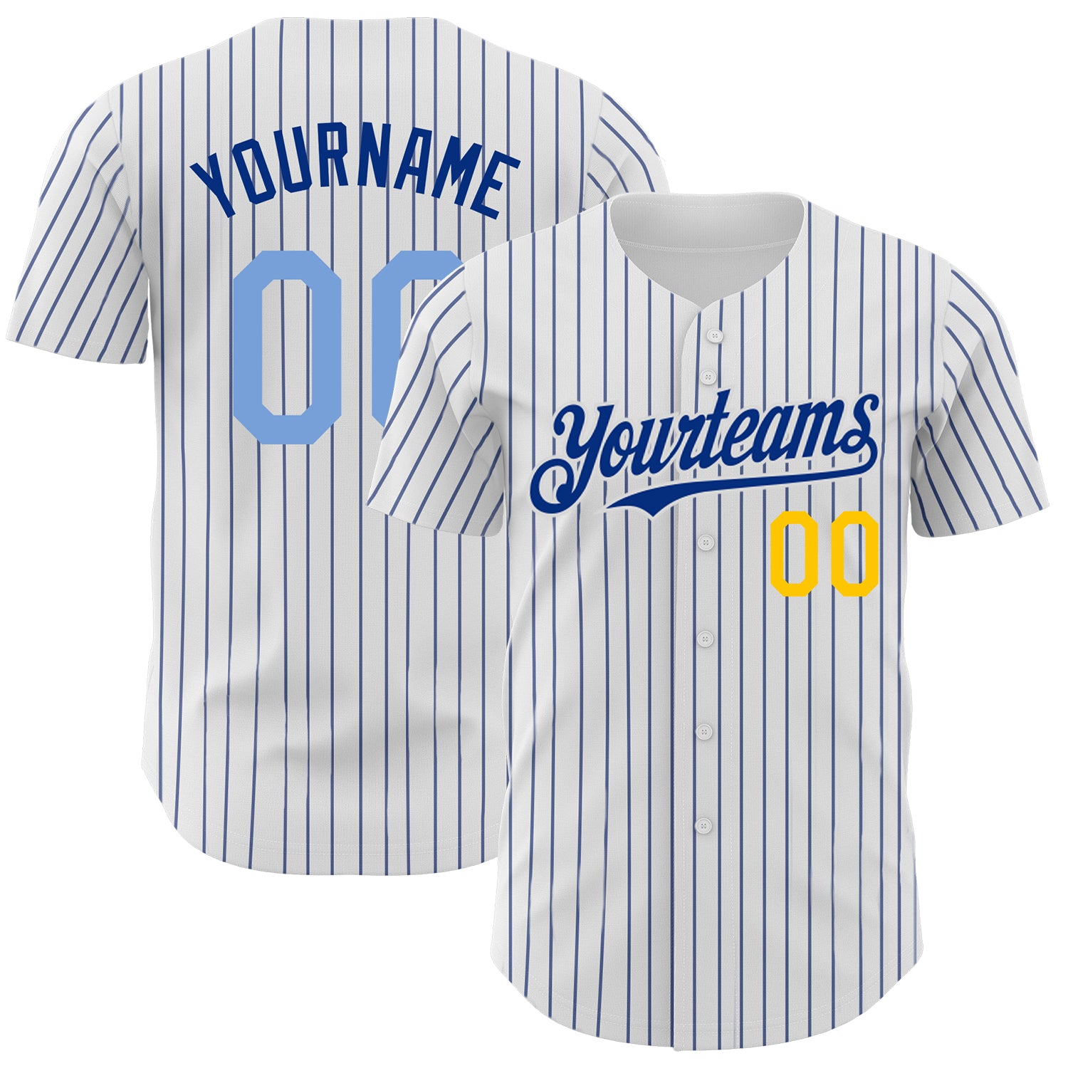 Custom Name and Number Light Blue Yellow Baseball Jersey - Personalized Authentic Royal Pinstripe Design Personalized White