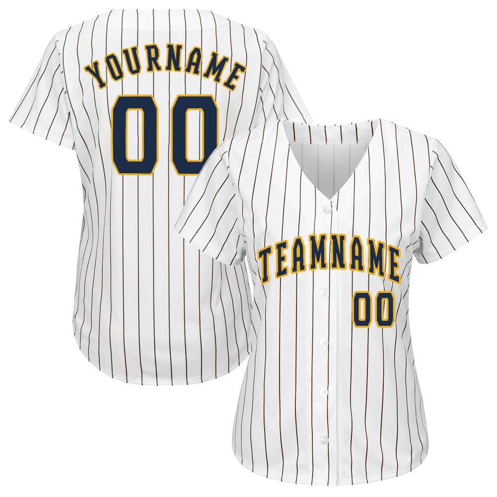 Custom Name Number Baseball Jersey - Personalized White Royal Pinstripe Navy Gold Design Personalized White Royal Pinstripe
