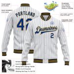 Custom Team Name Number Bomber Jacket Personalized White Royal Pinstripe Old Gold-Black Full-Snap Varsity Letterman Jacket