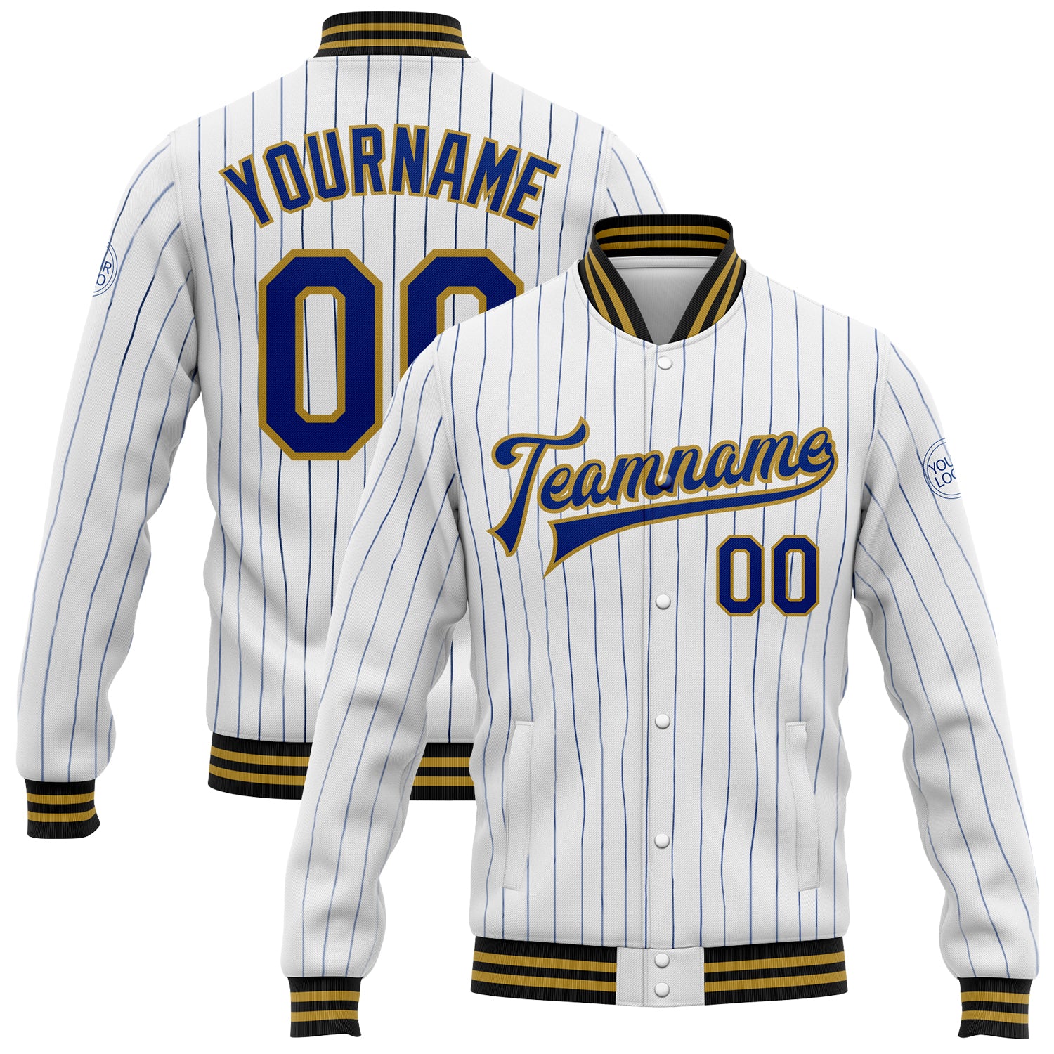 Custom Team Name Number Bomber Jacket Personalized White Royal Pinstripe Old Gold-Black Full-Snap Varsity Letterman Jacket