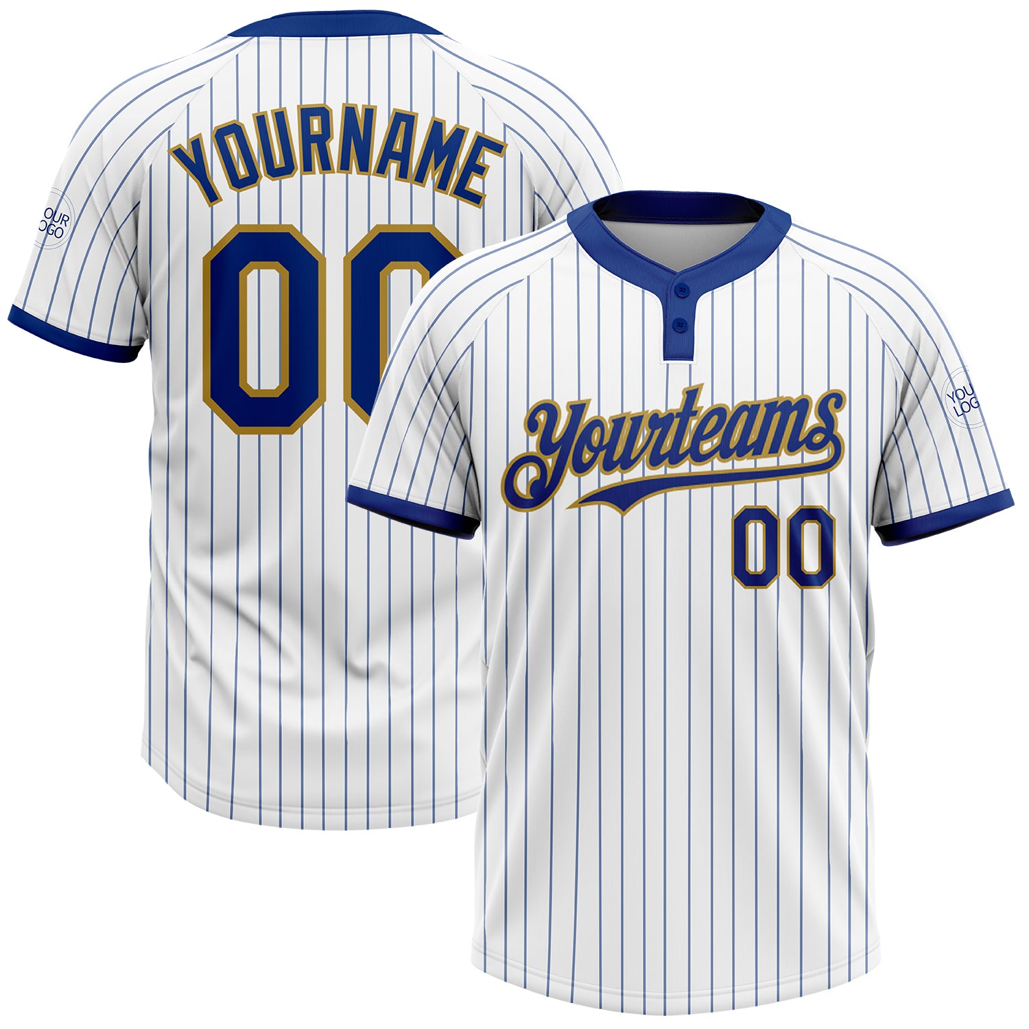 Custom Name Number Personalized Unisex Softball Jersey in White Royal Pinstripe and Old Gold - Two-Button Design Personalized