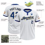 Custom Name Number Personalized Unisex Softball Jersey in White Royal Pinstripe and Old Gold - Two-Button Design Personalized