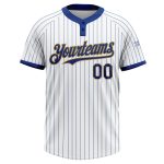 Custom Name Number Personalized Unisex Softball Jersey in White Royal Pinstripe and Old Gold - Two-Button Design Personalized