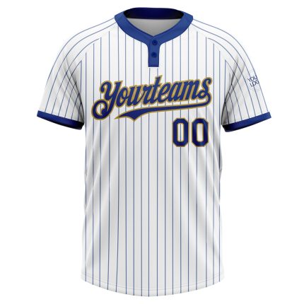 Custom Name Number Personalized Unisex Softball Jersey in White Royal Pinstripe and Old Gold - Two-Button Design Personalized