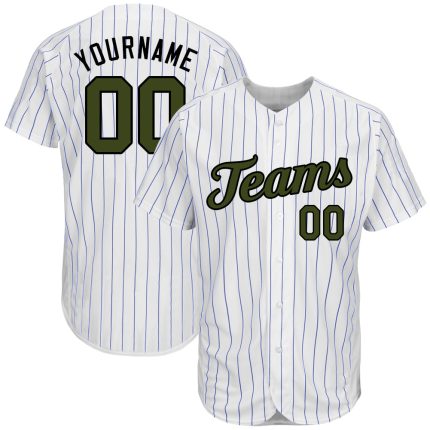 Custom Name and Number Memorial Day Baseball Jersey - Personalized White Royal Pinstripe Olive-Black Design Personalized