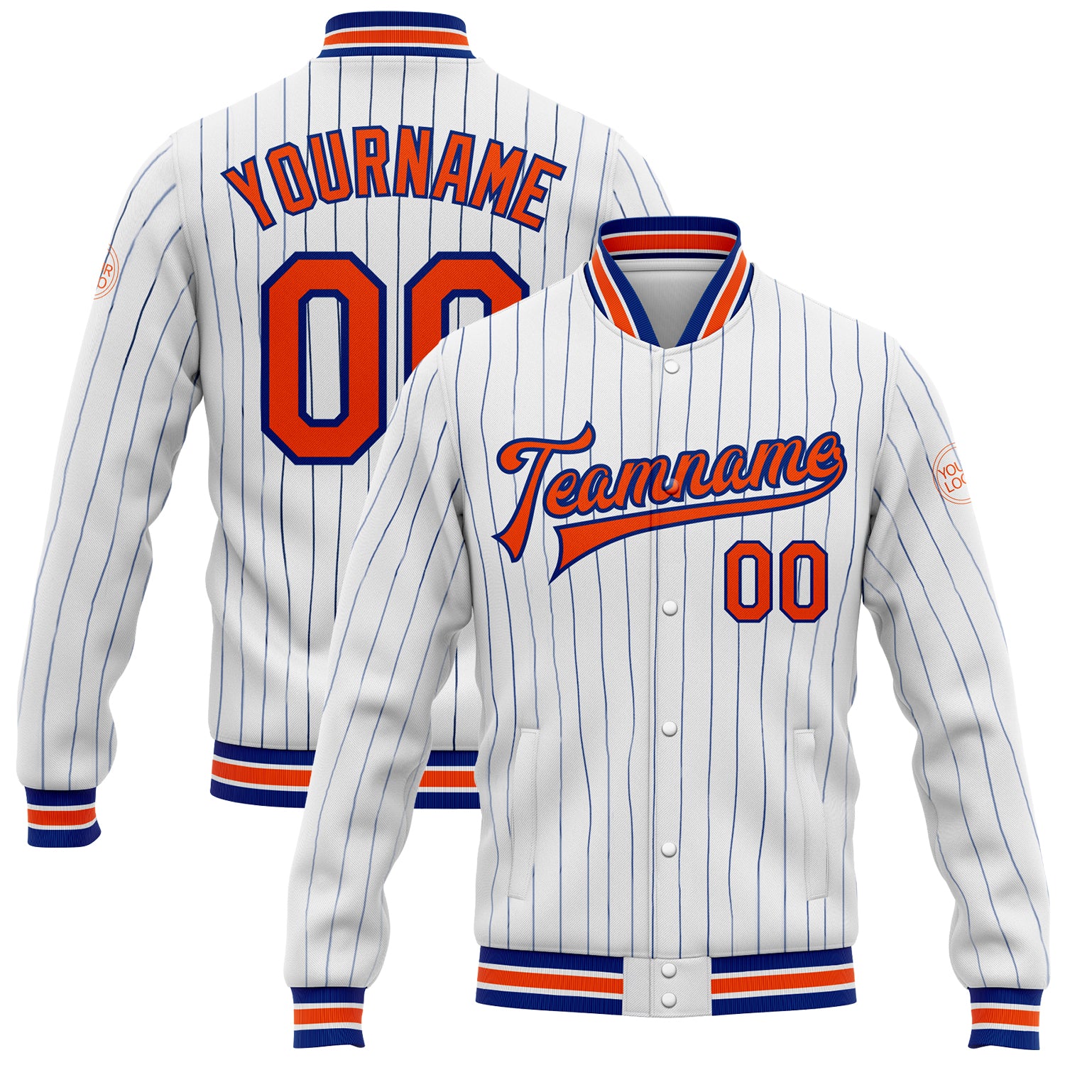 Custom Team Name and Number Personalized Orange Royal Pinstripe Bomber Full-Snap Varsity Letterman Jacket Personalized White