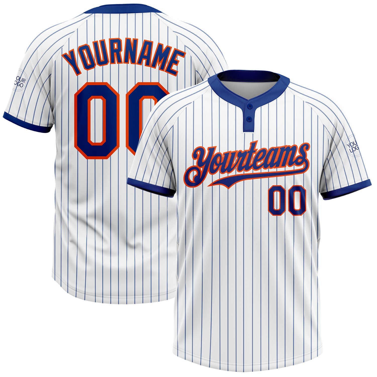 Personalized Orange Softball Jersey Unisex Two-Button White Royal Pinstripe Design Personalized White Royal Pinstripe Orange