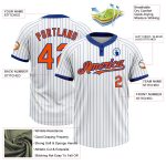 Custom Name and Number Orange Two-Button Unisex Softball Jersey - Personalized White Royal Pinstripe Personalized White Royal