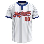 Custom Name and Number Orange Two-Button Unisex Softball Jersey - Personalized White Royal Pinstripe Personalized White Royal