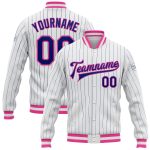 Custom Pink Varsity Letterman Jacket - Personalized White Royal Pinstripe Full-Snap with Team Name and Number Personalized
