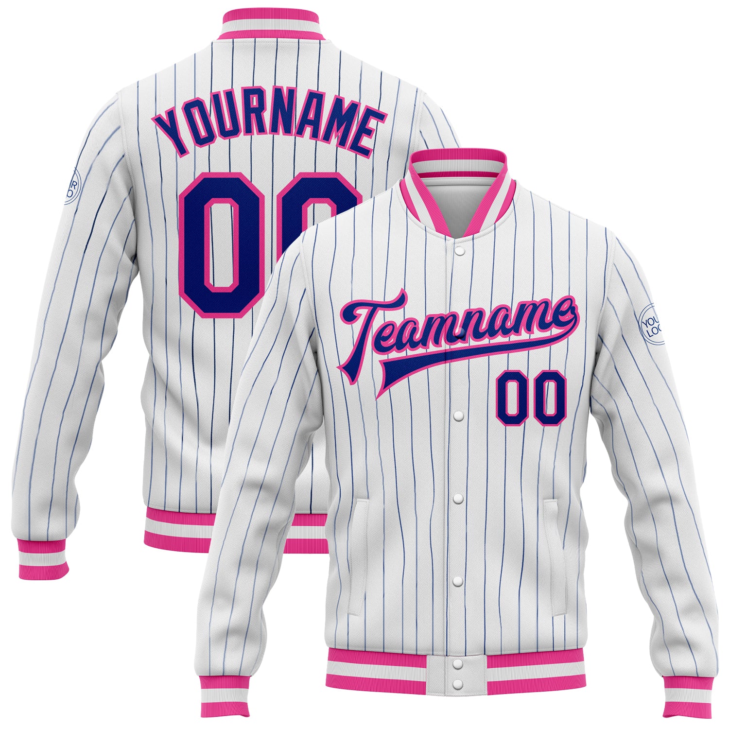 Custom Pink Varsity Letterman Jacket - Personalized White Royal Pinstripe Full-Snap with Team Name and Number Personalized