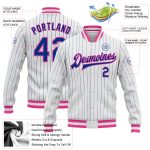 Custom Pink Varsity Letterman Jacket - Personalized White Royal Pinstripe Full-Snap with Team Name and Number Personalized