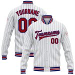 Personalized Red Varsity Letterman Jacket with White Royal Pinstripe Full-Snap Design Personalized White Royal Pinstripe