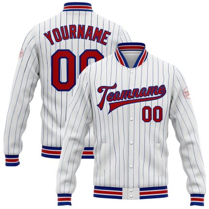 Personalized Red Varsity Letterman Jacket with White Royal Pinstripe Full-Snap Design Personalized White Royal Pinstripe