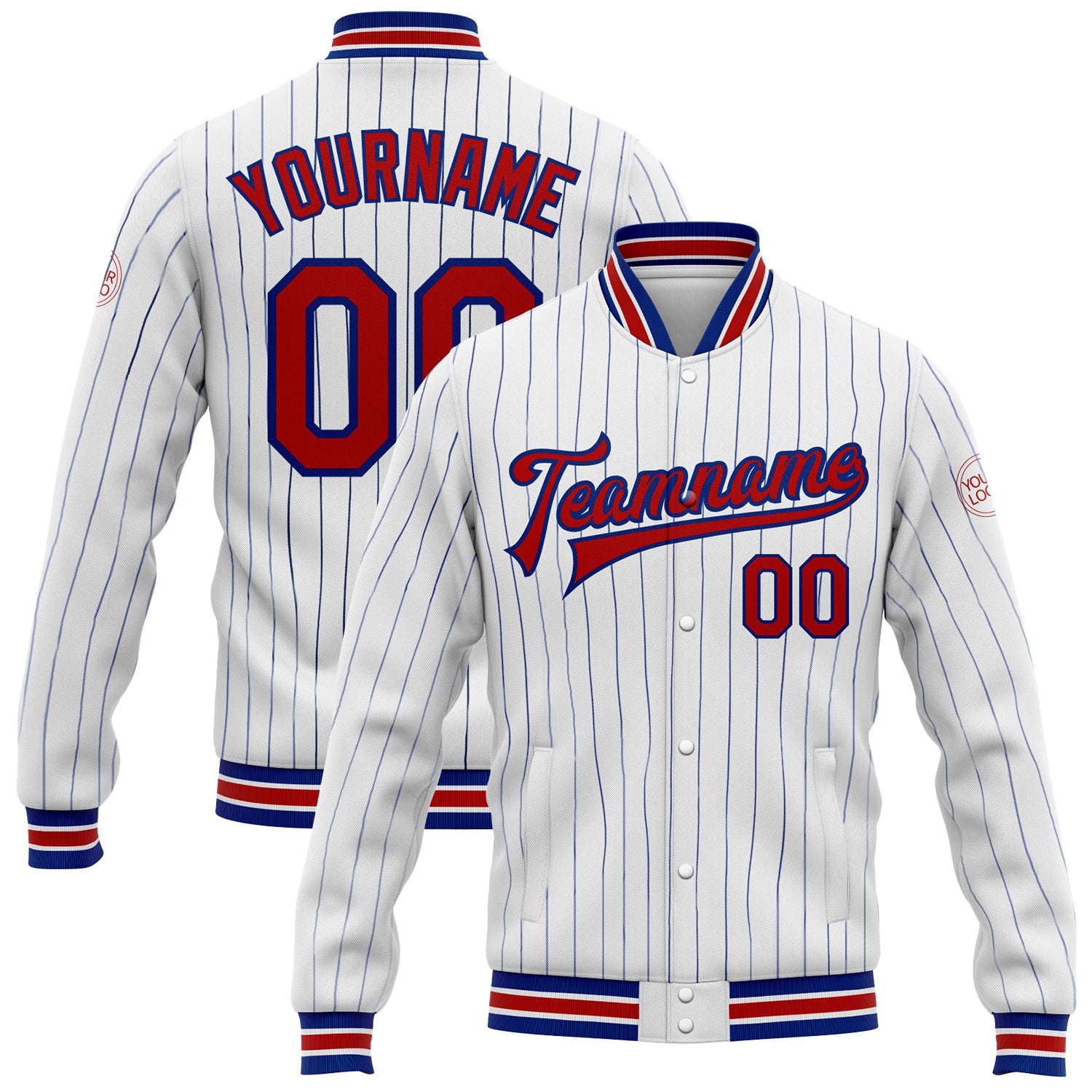 Personalized Red Varsity Letterman Jacket with White Royal Pinstripe Full-Snap Design Personalized White Royal Pinstripe