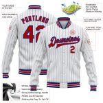 Personalized Red Varsity Letterman Jacket with White Royal Pinstripe Full-Snap Design Personalized White Royal Pinstripe