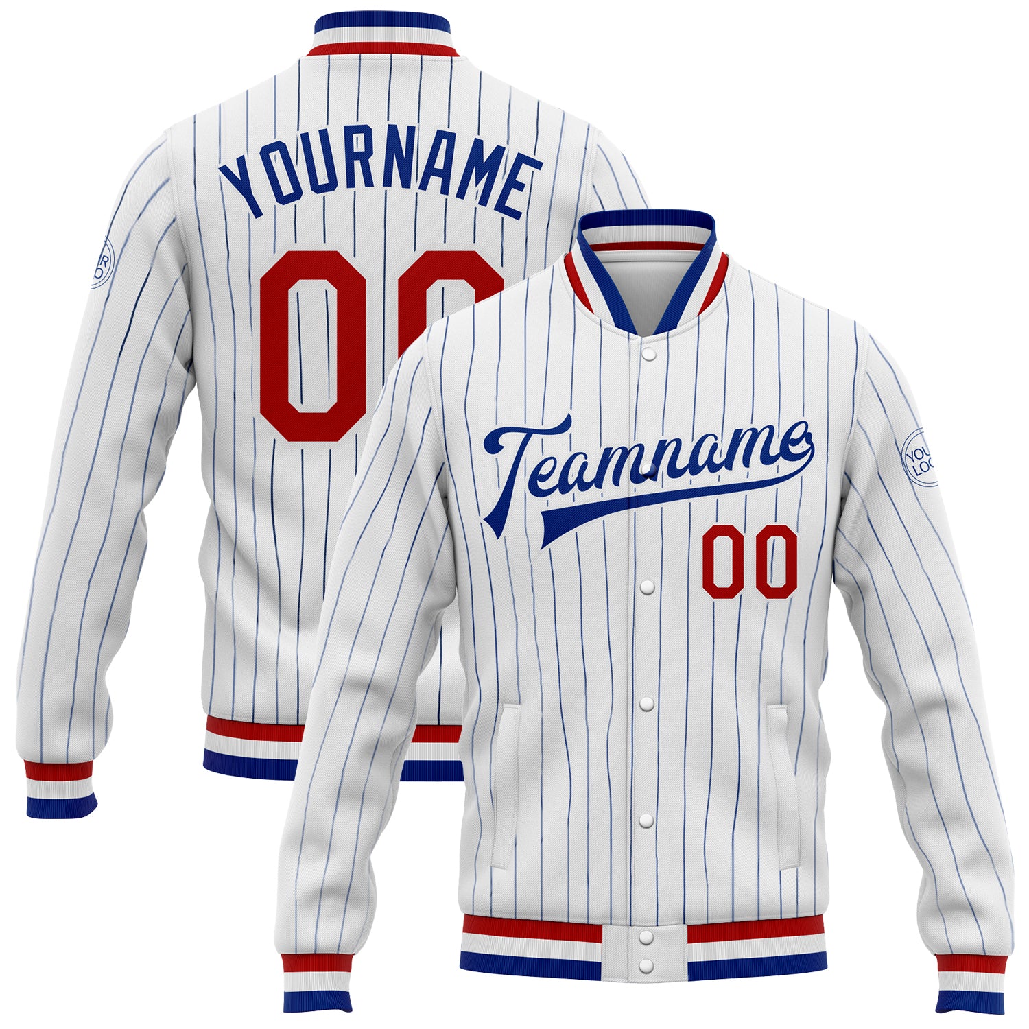 Custom Name Number Red Bomber Varsity Jacket Personalized White Royal Pinstripe Full-Snap Letterman Jacket Personalized White