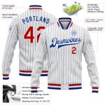 Custom Name Number Red Bomber Varsity Jacket Personalized White Royal Pinstripe Full-Snap Letterman Jacket Personalized White