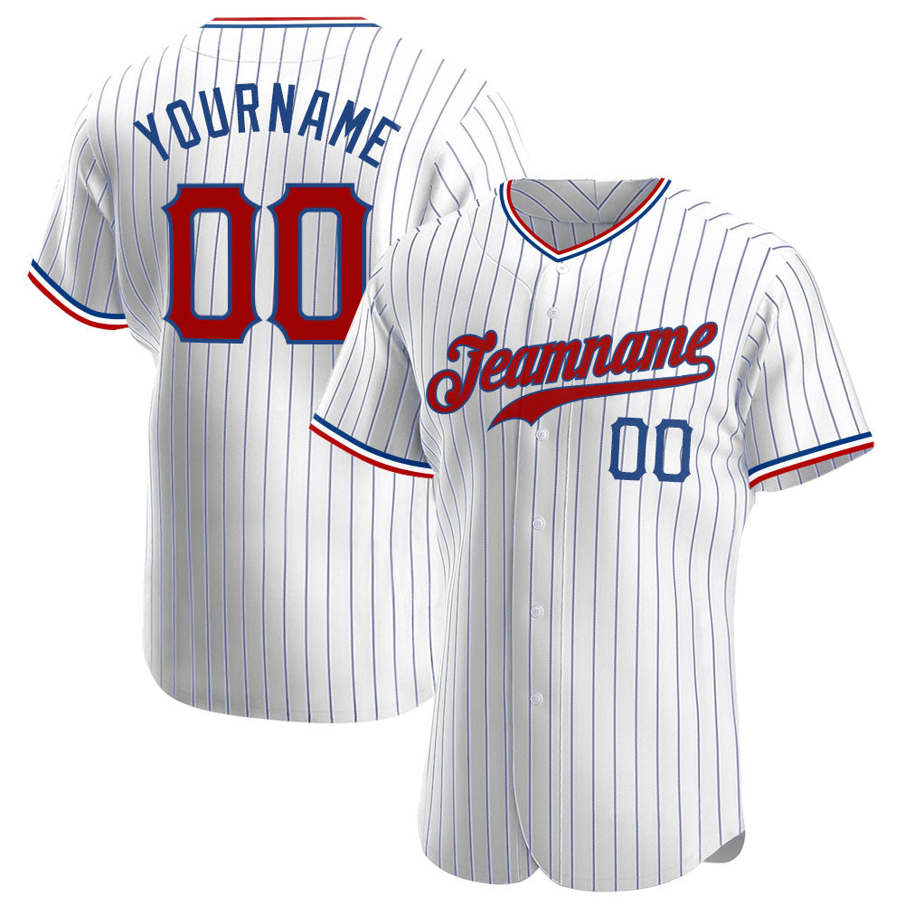 Custom Name and Number Authentic Red-Royal Baseball Jersey - Personalized White Royal Pinstripe Design Personalized White