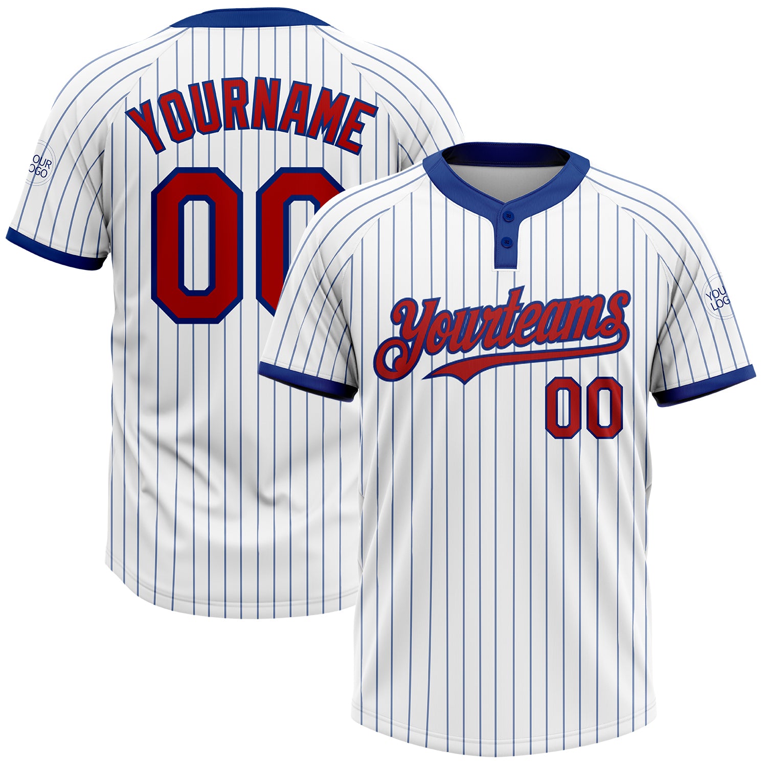 Custom Name Number Unisex Softball Jersey, Personalized White Royal Pinstripe Red Two-Button Design Personalized White Royal