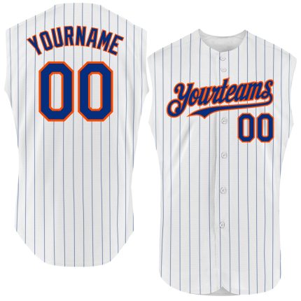 Custom Name and Number Authentic Sleeveless Baseball Jersey - Personalized White Royal Pinstripe Design Personalized White