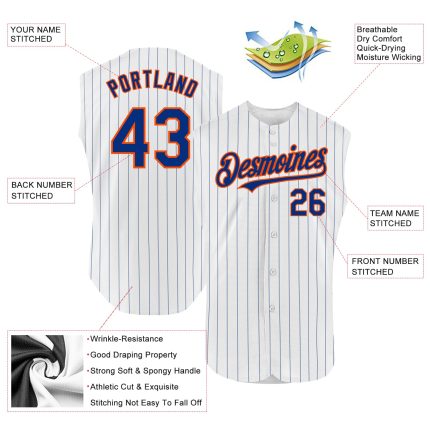 Custom Name and Number Authentic Sleeveless Baseball Jersey - Personalized White Royal Pinstripe Design Personalized White