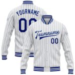 Custom Name and Number Royal Bomber Varsity Letterman Jacket - Personalized White Royal Pinstripe Full-Snap Jacket Personalized