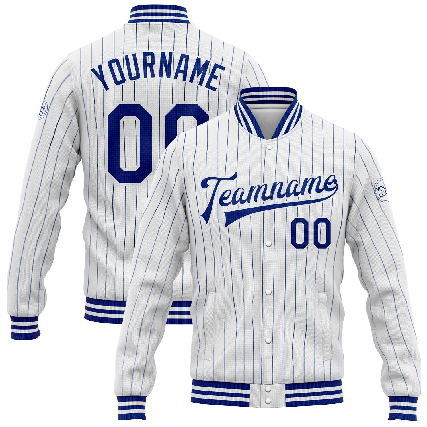 Custom Name and Number Royal Bomber Varsity Letterman Jacket - Personalized White Royal Pinstripe Full-Snap Jacket Personalized